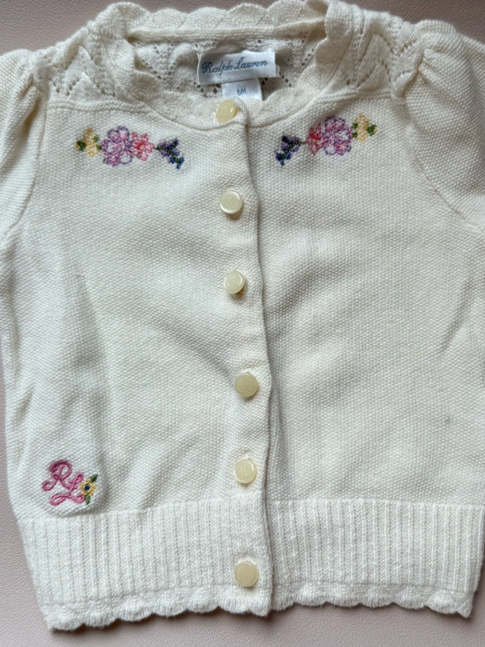 Ralph Lauren Cream Baby Cardigan with Pink Floral Embroidery